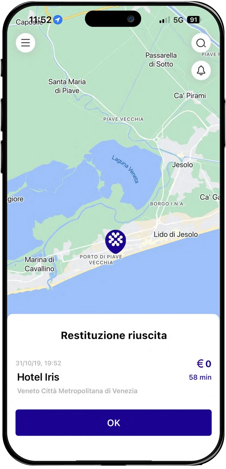 Schermata app AmpereOne con conferma restituzione powerbank
