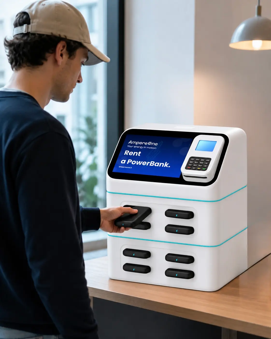 Uomo con berretto, ripreso di spalle, mentre preleva un Power bank da una stazione AmpereOne a otto slot su un bancone in legno, in un ambiente interno luminoso