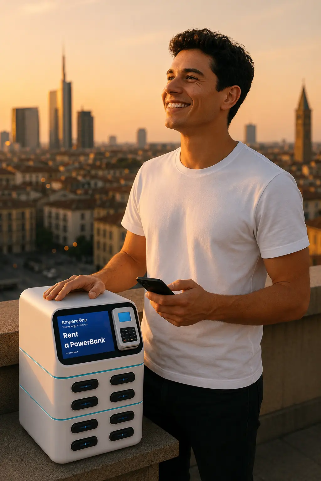Uomo sorridente con smartphone accanto a una stazione AmpereOne su una terrazza al tramonto con vista su Milano