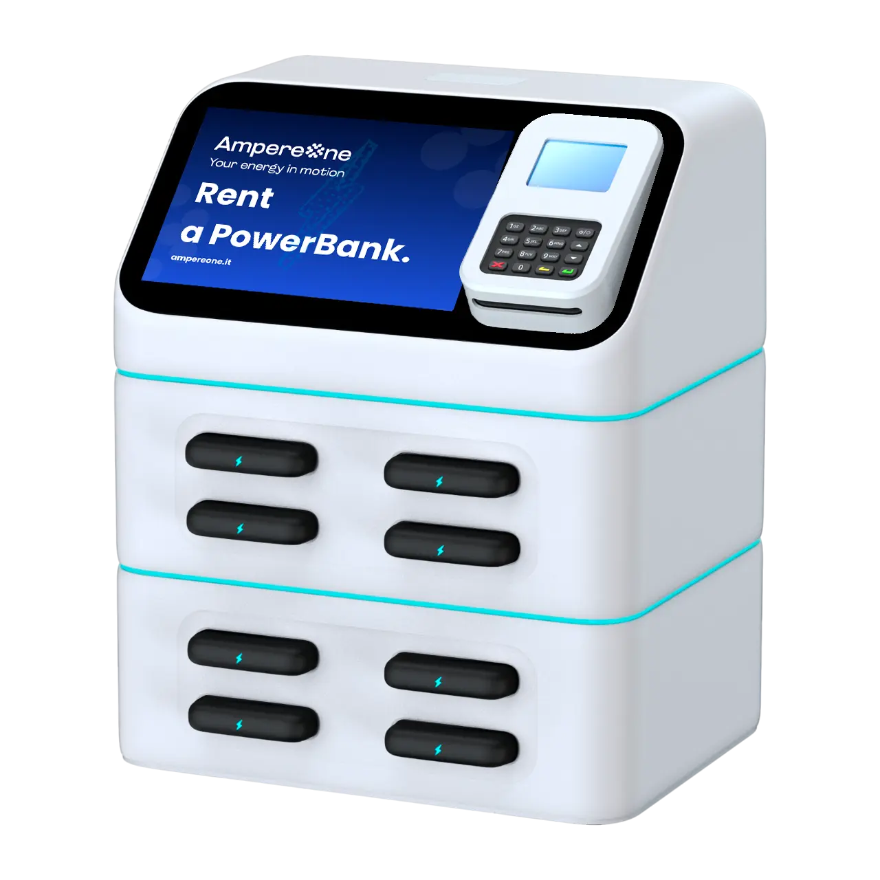 Stazione AmpereOne compatta con otto slot per Power bank, display digitale, QR code e POS