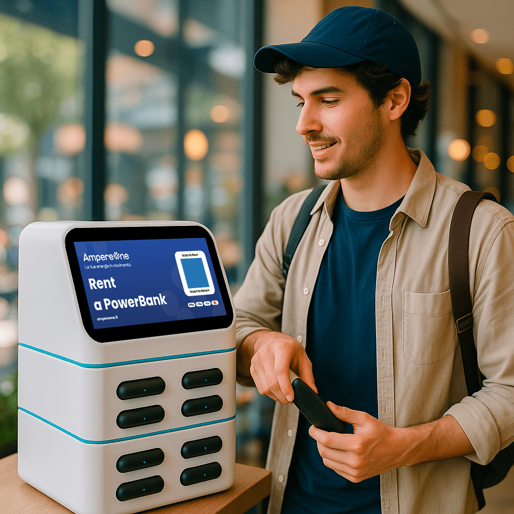 Persona giovane in mobilità urbana che preleva un powerbank da una stazione AmpereOne.